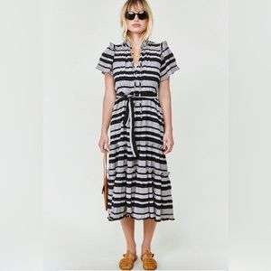 Hunter Bell Matthews Striped Split Neck Midi Dress Black S NWOT Ruffle Crinkle
